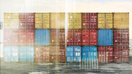 Fototapeta premium Overlay, container and logistics service, stock delivery and trade of commercial freight distribution. Export shipping for international and global safe transport of cargo in eCommerce industry