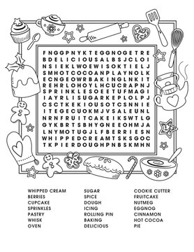 Kitchen Holiday Baking Word Search Activity Page. High quality photo. An 8.5 by 11 page ready for printing.