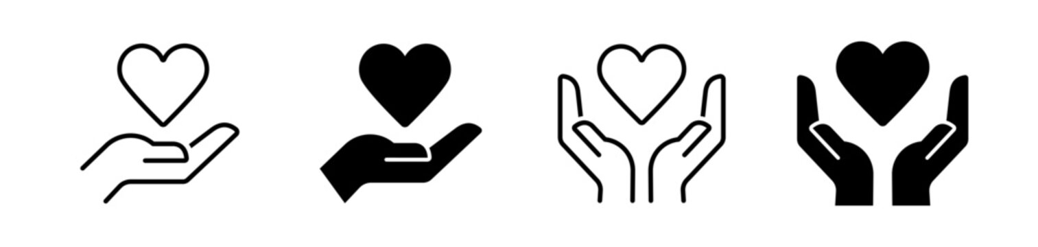 Heart in hand icons set. Hands holding heart icon. Love icon. Health, medicine symbol. Healthcare hands holding heart flat and line style - stock vector