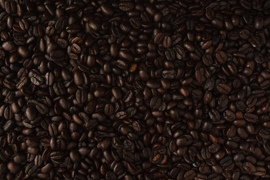 Large quantity of coffe beans in flat lay image