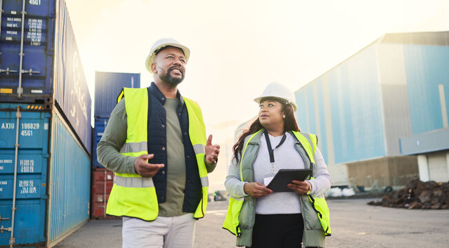 Logistics container, engineer black people manager and supply chain management at a shipping, cargo or freight warehouse. Business industry worker and export, distribution or storage digital software