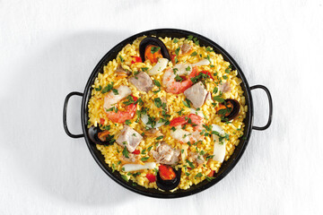tuna paella with prawns and squid