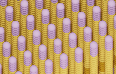 Soft colors, smooth geometry, matte round shapes, rows of repeating yellow and pink forms, stacks