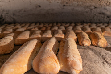 detail of pizza and bread in the oven being baked in a traditional, professional oven