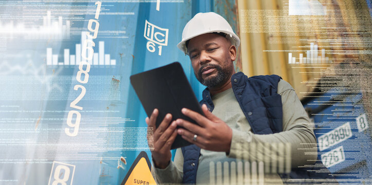 Tablet, overlay and black man in delivery logistics by containers working on the stock, cargo or inventory checklist. Industrial worker counting export numbers of freight for supply chain warehouse