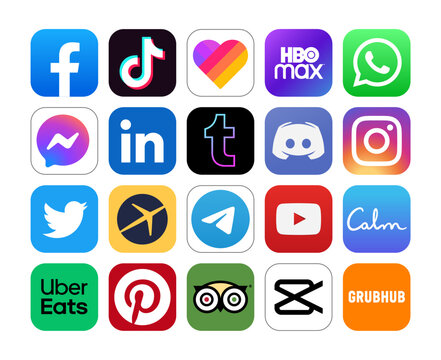Set of popular social media and other icons: Facebook, Tiktok, Likee, WhatsApp and others, vector illustration