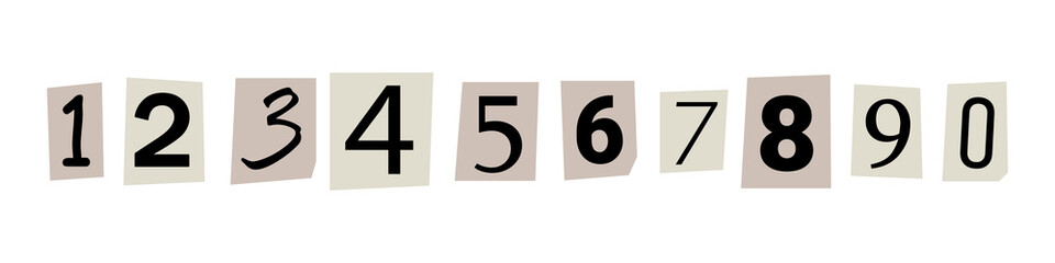 Obraz premium Vector ransom font. Numbers cuto-uts from newspaper. Criminal character set. Ransom black text on white paper. Numbers collection.