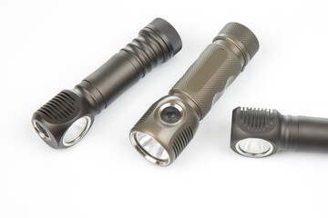 different lanterns flashlight on a white background. item for camping and household life.