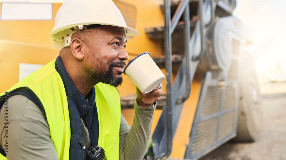 Poster coffee, engineer and construction worker relax on break at construction site, smiling and inspired b