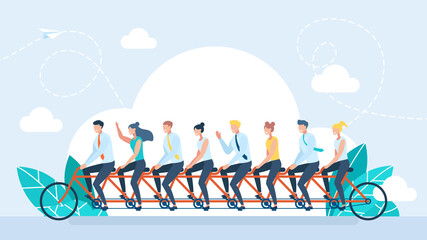 A team of specialists rides a large tandem bicycle. A big company. Teamwork. The team pedals on a tandem bicycle. Collective successful teamwork progress concept. Flat style. Illustration - obrazy, fototapety, plakaty