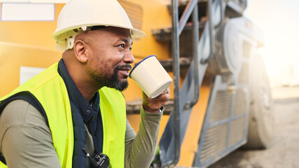 Coffee, engineer and construction worker relax on break at construction site, smiling and inspired by building idea and vision. Engineering, motivation and black man happy about project development - obrazy, fototapety, plakaty
