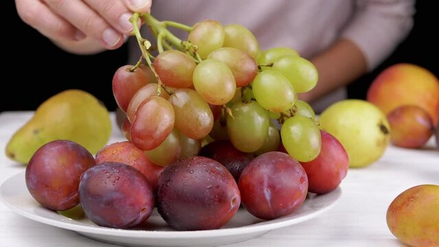 Female Hand Puts a Ripe Fresh Green Grape Bunch on a White Plate with Plums. Juicy berries of red, green color with drops of water on blurred background fruits on table. Healthy eating. Fall harvest.