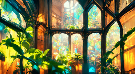 garden in a majestic architectural building with large stained glass high contrast wallpaper...