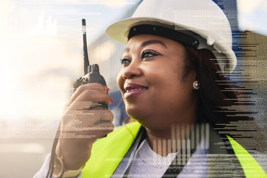 Logistics, cargo and double exposure of manager with walkie talkie radio for distribution contact communication. Overlay of supply chain black woman with shipping data for container stock delivery