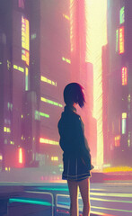 Cyberpunk girl portrait digital painting art. Future concept illustration of woman portrait. Graphic drawing print for poster or canvas. Futuristic design