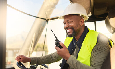 Forklift driver and black man talking on radio for professional cargo shipping communication....