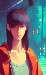 Cyberpunk girl portrait digital painting art. Future concept illustration of woman portrait. Graphic drawing print for poster or canvas. Futuristic design