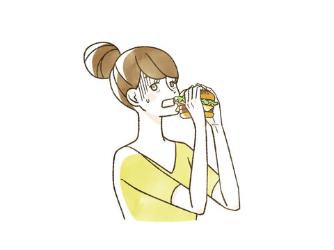 ハンバーガーを食べるのに戸惑う女性