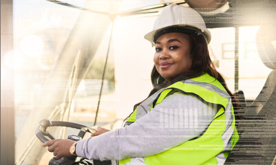 Forklift driver, black woman and logistics worker in industrial shipping yard, manufacturing industry and transport trade. Portrait of cargo female driving a vehicle showing gender equality at work - Powered by Adobe