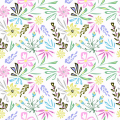 Fototapeta na wymiar Seamless cute retro floral pattern. Blue, yellow, pink flowers on a white background.