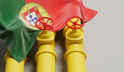 Portugal flag covering an oil and gas fuel pipe line. Oil industry concept. 3D Rendering