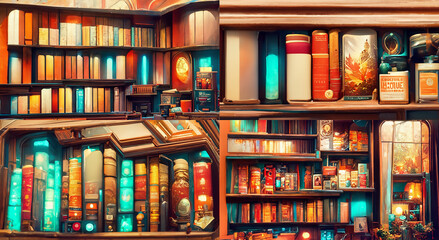 Old library or bookshop with many books on shelves high contras cinematic lighting, beautiful colors. blurred bookshelf Many old books in a book shop or library wallpaper background.  - obrazy, fototapety, plakaty