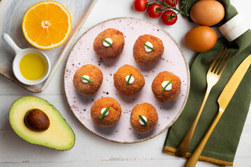 Tapa of typical Spanish croquettes. Made with bechamel and ham. Battered with bread and fried. Spanish gastronomy icon.