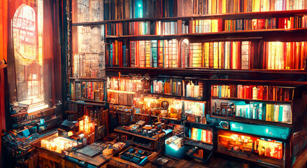 Old library or bookshop with many books on shelves high contras cinematic lighting, beautiful colors. blurred bookshelf Many old books in a book shop or library wallpaper background.  - obrazy, fototapety, plakaty