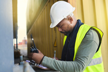 Logistics, supply chain and documents with a man shipping worker on a commercial container dock with a radio and clipboard. Stock, cargo and freight with a male courier working in the export industry