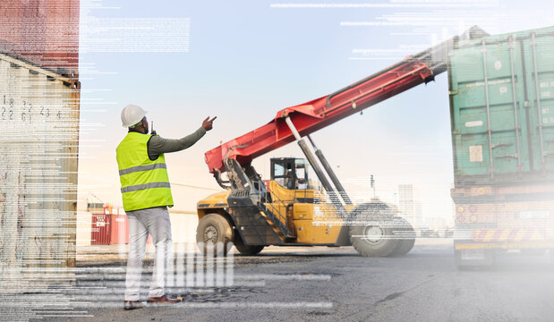 Logistics, shipping and with container box with forklift cargo warehouse for delivery, ecommerce and supply chain with data overlay. Export, transportation and travel with commercial storage industry - Powered by Adobe