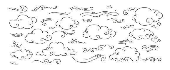 Vector doodle set of doodle wind, weather, environment. Illustration hand drawn style isolated on white background