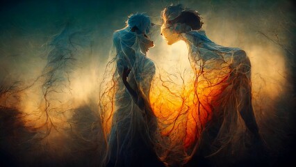abstract soulmates connecting through the ethereal sunset