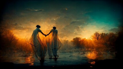 Soulmates crossing an ethereal river at sunset