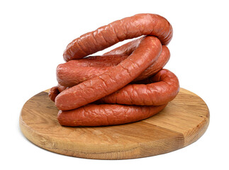 Smoked sausage on a white isolated background. Krakow meat sausage