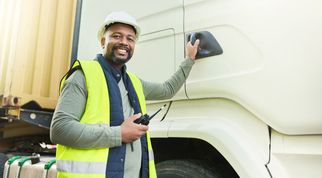 Truck Driver, Black Man And Export Logistics Manager Working In Industrial Shipping Yard, Manufacturing Industry And Transport Trade. Portrait, Delivery Truck Cargo And Happy Distribution Courier Job