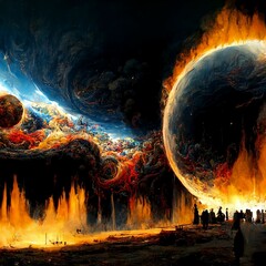 Earth like planet in flames with an infinite universe backdrop