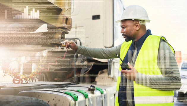 Logistics, walkie talkie and black man by truck, shipping or supply chain worker in text overlay. Portrait, container industry and inspection, employee radio communication or double exposure graphs. - Powered by Adobe