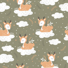 Cute deer sleeping on a cloud among the stars. Baby seamless pattern for posters, fabric prints and postcards. Vector