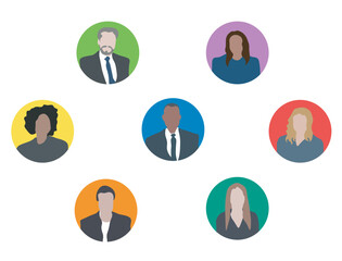 llustration of avatars featuring characters from an ethnically diverse and mixed age group of focused business professionals. Vector isolated on white background.