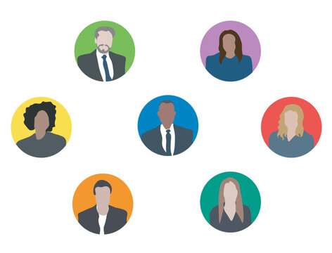 llustration of avatars featuring characters from an ethnically diverse and mixed age group of focused business professionals. Vector isolated on white background.