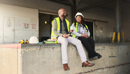 Business people, logistics, and lunch break at work site relaxing, talking and enjoying free time on the job. Black man and woman employee in shipping yard, warehouse or factory industry at rest