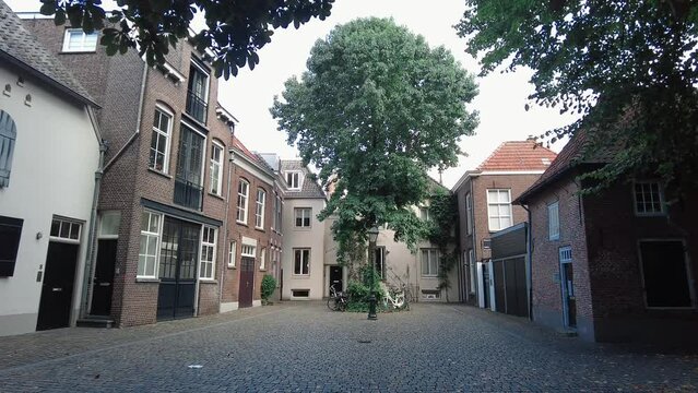 no people, tree in the middle of old small church square in den bosch netherlands jib
