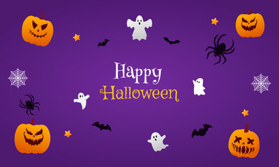 Happy Halloween background with pumpkins, ghosts, bats, and spider vector illustrations. October holiday design concept