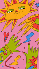 1970 psychedelic poster,hippie poster.Cool poster with smartphone, shapes, internet addiction, abstract.Funky 70s good vibes,trippy art.Modern naive concept.00s template aesthetics.2000s trippy art	