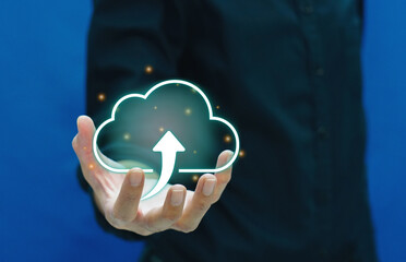 Person's hand holding a virtual technology of data upload icon. Storage data and upload data...