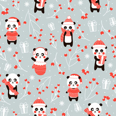 Christmas seamless pattern with cute chinese panda bear character on rgray background