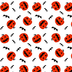 Seamless pattern with pumpkin silhouette and flying bat, dark color. Happy Halloween. Sample in file. Vector illustration