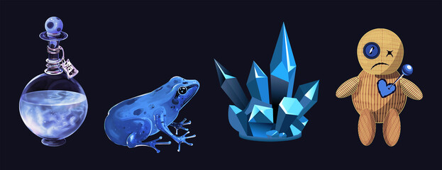 A set of isolated icons. A voodoo doll, a potion in a bottle with a label, a poisoned bright blue frog, a crystal. Interface elements, gui, fantasy elements on a dark background. Ingredients for witch - obrazy, fototapety, plakaty