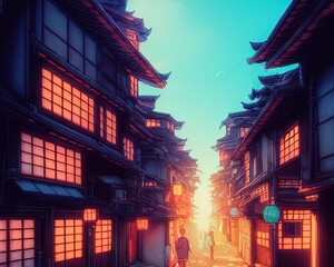 Alleyway between Japanese street houses of Kyoto