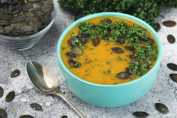A bowl with home-made pumpkin soup